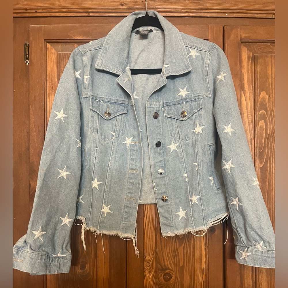 Light Blue Denim Jacket with Embroidered Stars